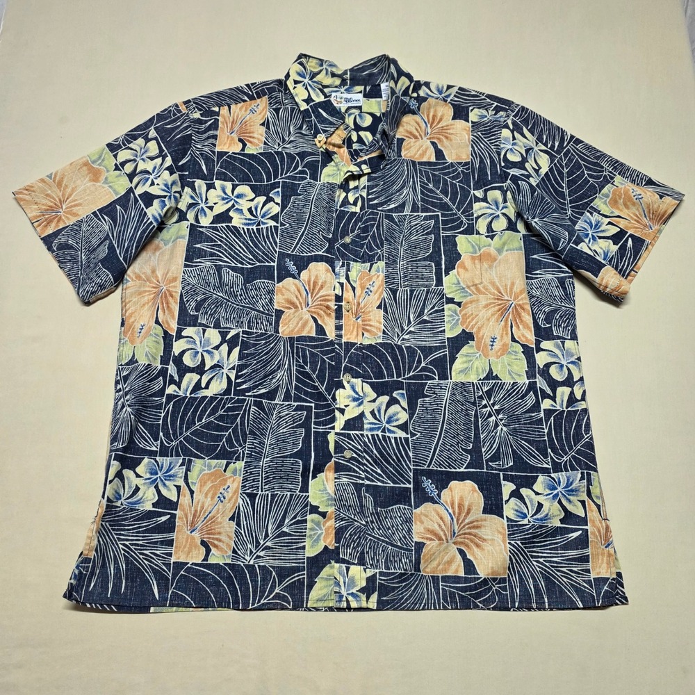 Reyn Spooner Men XL Hawaiian Relaxed Shirt Blue Floral Graphics Reverse Print